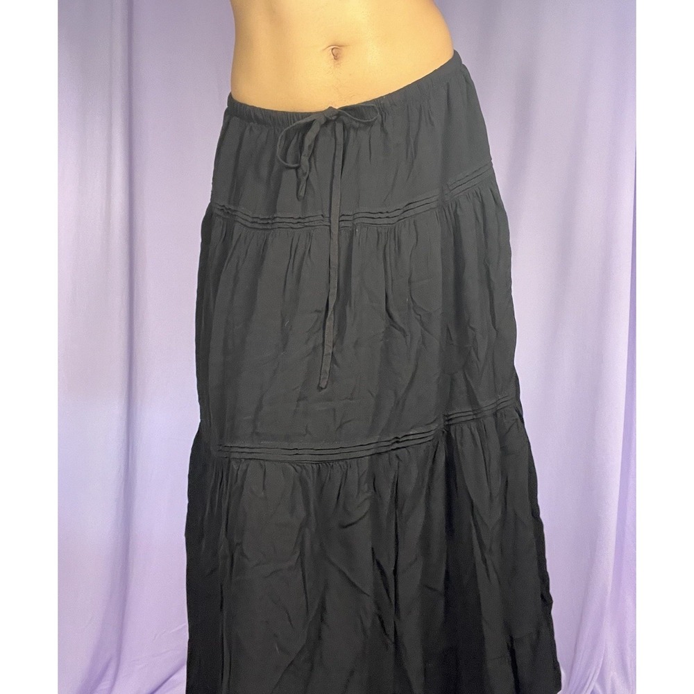Black Ruffled Tiered Flowy Maxi Skirt Size M Drawstring Whimsigoth Witchy Boho